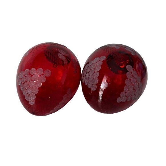 2 Vintage Etched Grapes Red Glass Christmas Ornaments - Picture 2 of 4